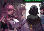  4girls ^_^ absurdres arknights arknights:_endfield black_hair blue_eyes blue_horns blue_jacket blush breasts chen_qianyu_(arknights) closed_eyes commentary doorway dragon_girl dragon_horn dragon_horns endministrator_(arknights) english_commentary english_text female_endministrator_(arknights) finger_to_mouth from_behind gloves grin hand_on_another's_back heavy_breathing highres hinghoi horns huge_breasts indoors jacket licking_lips long_hair looking_at_viewer looking_back multicolored_gloves multicolored_horns multiple_girls navel off_shoulder paid_reward_available perlica_(arknights) pink_gloves pink_hair pink_horns shushing smile thick_eyebrows tongue tongue_out twintails two-sided_gloves two-tone_horns upper_body v-shaped_eyebrows white_jacket yvonne_(arknights) 