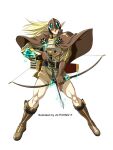  1boy arrow_(projectile) artist_name blonde_hair boots bow_(weapon) brown_boots brown_gloves closed_mouth commentary_request covered_eyes drawing_bow elf energy facing_viewer fantasy fantasy_defense full_body gem gloves green_gem helmet helmet_over_eyes holding holding_arrow holding_bow_(weapon) holding_weapon index_finger_raised jilpoong17 legs_apart long_hair long_sleeves muscular pointy_ears quiver single_bracer thighs weapon wrinkled_fabric 