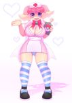  artist_name audino bell blue_eyes blush bow bowtie breasts cleavage furry gen_5_pokemon hat heart jingle_bell large_bow large_breasts looking_at_viewer nurse nurse_cap open_mouth panties pastelletta pokemon pokemon_(creature) shadow simple_background solo striped striped_panties thighhighs underwear 