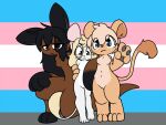3_fingers 3_toes 4_fingers 5_toes alator anthro black_ears black_hair blonde_hair blonde_tail_tuft blue_eyes blush blush_lines breasts brown_body brown_eyes brown_fur brown_tail colored digital_drawing_(artwork) digital_media_(artwork) featureless_breasts featureless_crotch feet felid female female/female fingers flat_colors fur gesture green_eyes group hair hand_gesture hi_res kneeling lgbt_pride lion looking_at_viewer macropod mammal marsupial mouse multicolored_body multicolored_fur murid murine on_one_knee pantherine pink_ears pride_colors rikki_(alator) rodent scribble_(alator) shy smile smiling_at_viewer standing tail tail_tuft tan_body tan_ears tan_fur tan_tail text toes trans_(lore) trans_woman_(lore) transgender_pride_colors trio tuft two_tone_body two_tone_fur url v_sign wallaby white_body white_fur white_tail