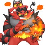  3others animal_ears biting biting_ear cat cat_ears cat_tail claws commentary_request fang highres incineroar litten multiple_others nikiciy open_mouth pokemon pokemon_(creature) pokemon_sm speech_bubble tail thought_bubble tiger_stripes tiger_tail torracat white_background 