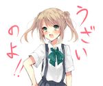  bad_id bad_pixiv_id blush bow bowtie brown_hair double_bun green_eyes hand_on_hip ikeuchi_tanuma kantai_collection looking_at_viewer michishio_(kantai_collection) open_mouth pleated_skirt school_uniform skirt solo suspenders translation_request twintails upper_body 