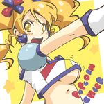  adapted_costume alternate_form blonde_hair breasts crop_top cure_honey happinesscharge_precure! kasetsu magical_girl medium_breasts no_bra oomori_yuuko popcorn_cheer precure puffy_sleeves short_hair smile solo star twintails underboob yellow_background yellow_eyes 