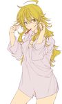  ahoge blonde_hair breasts cleavage green_eyes hoshii_miki idolmaster idolmaster_(classic) jaguchi_(bbbing) long_hair looking_at_viewer medium_breasts messy_hair mouth_hold naked_shirt oversized_clothes shirt solo toothbrush 