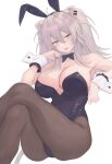  1girl ahoge alternate_costume animal_ear_hairband animal_ear_piercing animal_ears arabiki50 bare_shoulders black_bow black_bowtie black_leotard black_pantyhose bow bowtie breasts cleavage crossed_legs detached_collar double-parted_bangs fake_animal_ears grey_eyes grey_hair hair_between_eyes hairband hand_up hashtag-only_commentary highleg highleg_leotard highres hololive indoors large_breasts leotard lion_ears lion_girl lion_tail long_hair looking_at_viewer pantyhose playboy_bunny rabbit_ear_hairband rabbit_ears shishiro_botan sidelocks sitting solo strapless strapless_leotard tail traditional_bowtie two_side_up virtual_youtuber white_background wrist_cuffs 