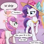  2girls :o absurdres blurry blurry_background character_request english_commentary english_text eye_contact flower gem green_eyes hat hat_flower highres horse long_hair looking_at_another mildpone multiple_girls my_little_pony my_little_pony:_friendship_is_magic pink_eyes pink_flower purple_hair speech_bubble standing sun_hat unicorn 