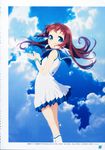  absurdres blue_eyes brown_hair cloud day dress from_behind highres ishii_yuriko long_hair looking_back mukaido_manaka nagi_no_asukara non-web_source official_art sailor_dress scan school_uniform scrunchie serafuku standing wrist_scrunchie 