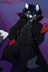 2020 anthro atlus black_body black_fur black_hair clothed clothed_anthro clothed_male clothing fully_clothed fully_clothed_anthro fully_clothed_male fur grey_body grey_fur hair hi_res looking_at_viewer male male_anthro mammal markings megami_tensei meldritchhorror persona_(series) persona_5 procyonid raccoon red_eyes ren_amamiya ring_(marking) ringed_tail sega smile solo standing striped_markings striped_tail stripes tail tail_markings teeth white_body white_fur