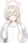  absurdres aikumofuwari blue_archive blush brown_eyes brown_hair brushing_teeth commentary_request highres messy_hair nagisa_(blue_archive) pajamas sleepy toothbrush white_pajamas wings 