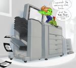 2025 bodily_fluids butt clothing cute_fangs dialogue ear_piercing ear_ring english_text fangs female footwear goblin green_body green_skin hair hair_bun hi_res high_heels humanoid humanoid_pointy_ears mario-grant ms._nasbh'ke_(mario-grant) nervous not_furry office_clothing panty_lines photocopier photocopying_butt photocopying_self piercing pointy_ears red_solo_cup ring_piercing shoes sitting sitting_on_photocopier solo sweat sweatdrop teeth text