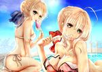  ahoge artoria_pendragon_(all) ass bikini blonde_hair fate/extra fate/stay_night fate_(series) food green_eyes hair_bun multiple_girls nero_claudius_(fate) nero_claudius_(fate)_(all) pool popsicle ribbon saber sweat swimsuit water watermelon_bar yuki_hikari 