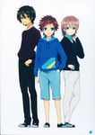  absurdres back-to-back black_hair blue_eyes brown_eyes brown_hair cardigan highres hood hoodie isaki_kaname kihara_tsumugu male_focus multiple_boys nagi_no_asukara non-web_source official_art sakishima_hikari scan simple_background standing white_background 