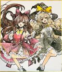  2026 2girls alternate_costume artist_name black_corset black_hat black_shoes black_skirt blonde_hair bow bowtie braid brown_eyes brown_hair center_frills commentary_request corset detached_sleeves dress frilled_hair_tubes frilled_skirt frills hair_bow hair_tubes hakurei_reimu hat hat_bow highres kirisame_marisa leg_up long_hair long_sleeves looking_at_viewer multiple_girls open_mouth orange_bow orange_bowtie red_bow red_dress red_sleeves ribbon-trimmed_sleeves ribbon_trim shikishi shiraishi_kizuna shirt shoes side_braid single_braid skirt smile socks touhou traditional_media very_long_hair white_shirt white_socks witch_hat yellow_eyes 