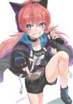  1girl animal_ear_headphones animal_ears artist_name bang_dream! bang_dream!_girls_band_party! belt belt_buckle black_belt black_bodystocking black_choker black_gloves black_jacket black_shoes black_shorts blue_eyes bodystocking breasts buckle bustier buttons cat_ear_headphones cat_ears choker commentary_request cowboy_shot crop_top drawstring fake_animal_ears fingerless_gloves frilled_jacket frills furrowed_brow gloves grin headphones high_belt high_tops highres holding holding_microphone jacket jewelry jun_(rellik_&amp;_redrum) knee_up l_hand left-handed light_blush long_hair long_sleeves looking_at_viewer lower_eyelashes_only microphone necklace open_clothes open_jacket pink_hair pointing pointing_down puffy_long_sleeves puffy_sleeves see-through_cleavage see-through_clothes see-through_midriff shoes short_shorts shorts simple_background small_breasts smile sneakers solo tamade_chiyu upturned_eyes v-shaped_eyebrows white_background white_bustier 