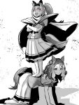  2girls all_fours animal_ears bow bowtie cape closed_mouth commentary crossed_arms dragon_ball dragon_ball_z ear_bow ear_covers english_commentary flower-shaped_pupils flower_in_eye greyscale hair_between_eyes hairband haru_urara_(umamusume) headband highres horse_ears horse_girl horse_tail king_halo_(umamusume) long_hair monochrome multiple_girls open_mouth piccolo pink_eyes pleated_skirt ponytail pose_imitation puffy_short_sleeves puffy_sleeves red_eyes sailor_collar sailor_shirt sakanaflyer school_uniform shirt short_sleeves skirt smile spot_color standing_on_person sweatdrop symbol-shaped_pupils symbol_in_eye tail thighhighs tracen_school_uniform umamusume 