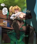 1boy 1girl anal bench black_boots blonde_hair blush book boots breasts brown_corset clitoral_stimulation commentary corset cup disposable_coffee_cup disposable_cup double_penetration english_commentary eyebrows_hidden_by_hair full_body gattles green_eyes highres huge_breasts looking_at_another no_panties open_mouth original paizuri park park_bench partially_unbuttoned perpendicular_paizuri pointy_ears public_indecency sandwiched sex shirt short_twintails shortstack signature silhouette sound_effects speech_bubble sweat teeth tentacle_sex tentacles thigh_boots tree twintails upper_teeth_only vaginal white_shirt 