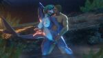 anthro aquatic balls beach blonde_hair bravo44 dog_tags female female_penetrated fish from_behind_position genitals green_hair hair hand_on_belly hands_behind_head hi_res hot_spring human kissing kissing_while_penetrating male male/female mammal muscular muscular_anthro muscular_female muscular_male outdoor_nudity outside_sex penetration plant romantic romantic_couple rookie425 sex shark shark_tail sharp_teeth standing standing_sex teeth water