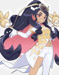  1girl absurdres asymmetrical_pants black_hair caraway_(pokemon) commentary_request dark-skinned_female dark_skin eyewear_on_head gloves highres long_hair looking_at_viewer multicolored_hair navel pluffishi pokemon pokemon_champions red_eyes smile solo two-tone_hair white_background white_gloves 