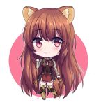  1girl alternate_hair_length alternate_hairstyle animal_ear_fluff animal_ears armored_boots belt black_dress blush boots breasts brown_belt brown_boots brown_hair chibi closed_mouth collared_dress commentary double-parted_bangs dress english_commentary full_body hand_up high_collar highres layered_dress leather leather_boots lilshironeko long_hair long_sleeves looking_at_viewer medium_breasts metal_hair_tubes neck_ribbon outline pink_background pink_eyes pinstripe_dress pinstripe_pattern raccoon_ears raccoon_girl raccoon_tail raphtalia red_dress red_ribbon ribbon short_dress sleeveless sleeveless_dress smile solo standing standing_on_one_leg tail tate_no_yuusha_no_nariagari thigh_boots two-tone_background two-tone_dress very_long_hair white_background white_dress white_outline zettai_ryouiki 