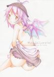  :d ass bird_wings character_name colored_pencil_(medium) ears hat looking_at_viewer looking_back mystia_lorelei open_mouth orange_eyes pink_hair semi-transparent short_hair smile topless touhou traditional_media undressing winged_hat wings yukishiro_arute 