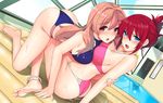  anklet barefoot bikini blue_bikini blue_eyes blush breast_press breasts brown_eyes brown_hair day folded_ponytail hug inflatable_raft jewelry katsurai_yoshiaki koumi_haruka large_breasts long_hair looking_at_viewer multiple_girls open_mouth pink_bikini pool rail_wars! red_hair rei_no_pool sakurai_aoi screencap short_hair swimsuit yuri 