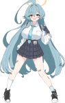  1girl ahoge aqua_hair aqua_necktie bandaid bandaid_on_leg bandaid_on_thigh black_gloves black_shoes black_skirt blue_archive breasts chest_harness commentary_request dress_shirt fang full_body gloves halo hand_up harness highres huge_ahoge id_card kneehighs large_breasts legs_apart long_hair necktie niwlite open_mouth plaid_clothes plaid_skirt shirt shoes sketch skin_fang skirt smile socks solo standing too_many_bandaids very_long_hair white_background white_shirt white_socks yellow_eyes yellow_halo yume_(blue_archive) 