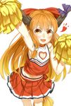  alternate_costume armpits blush bow cheerleader cleavage_cutout flat_chest hair_bow heart heart_cutout highres horns ibuki_suika long_hair looking_at_viewer midriff navel nishiuri open_mouth orange_eyes orange_hair pointy_ears pom_poms simple_background skirt slit_pupils smile solo touhou white_background 
