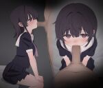  1boy 1girl black_hair black_shirt black_skirt censored commentary_request fellatio hetero highres medium_hair miniskirt mosaic_censoring neckerchief oral original penis petite pleated_skirt purple_eyes purple_neckerchief ruriri sailor_collar school_uniform serafuku shirt sitting skirt white_sailor_collar 
