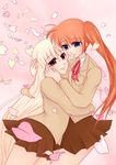  2girls blonde_hair blue_eyes couple fate_testarossa flower_petals happy hug long_hair looking_at_another lyrical_nanoha mahou_shoujo_lyrical_nanoha mahou_shoujo_lyrical_nanoha_a&#039;s mahou_shoujo_lyrical_nanoha_a's multiple_girls orange_hair petals ponytail red_eyes school_uniform simple_background smile takamachi_nanoha uniform very_long_hair watercolormark yuri 