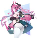  1girl absurdres arknights arknights:_endfield ass black_horns breasts commentary detached_sleeves dokshuri dragon_girl dragon_horn dragon_horns dragon_tail hair_intakes hair_on_horn highres horns large_breasts long_hair looking_at_viewer looking_back multicolored_horns outstretched_arm pants pink_hair pink_horns pink_sleeves purple_eyes see-through_clothes see-through_sleeves solo tail two-tone_horns white_pants yvonne_(arknights) 