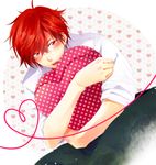  blush gekkan_shoujo_nozaki-kun male_focus mikoshiba_mikoto open_mouth pillow pillow_hug red_eyes red_hair sitting solo yuuki_sara 