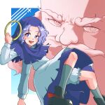  1boy 1girl :d absurdres black_shoes blue_eyes blue_hair blue_hood blue_skirt cloud commentary_request facial_hair grey_socks highres holding_hoop hood jewelry kumoi_ichirin layered_clothes layered_skirt long_sleeves murai_nagisa mustache open_mouth ring shirt shoes short_hair simple_background skirt smile socks touhou unzan white_shirt white_skirt 