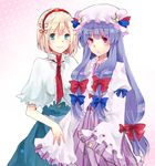  alice_margatroid aqua_eyes bad_id bad_pixiv_id bangs blonde_hair blunt_bangs capelet dress frilled_dress frilled_hat frilled_sleeves frills hair_ribbon hairband hat ikeuchi_tanuma long_hair looking_at_viewer multiple_girls patchouli_knowledge purple_eyes ribbon short_hair smile touhou 