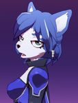  1girl 2011 anthro black_nose blue_hair bodysuit breasts canine clothed clothing female flat_gaze fox fur furry green_eyes hair joeadok krystal looking_at_viewer mammal nintendo open_mouth simple_background solo star_fox video_games 