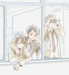  aldnoah.zero arm_on_shoulder bad_id bad_pixiv_id binoculars black_hair blonde_hair brown_eyes calm_craftman chalkboard freckles jusc0 kaizuka_inaho male_focus mikuni_okisuke multiple_boys necktie pale_color school_uniform sweater_vest window 