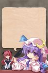  bow closed_eyes crescent crescent_hair_ornament demon_tail elbow_rest hair_bow hair_ornament hat hat_bow head_wings koakuma long_hair multiple_girls patchouli_knowledge purple_eyes purple_hair quill red_hair smile tail template touhou yamu_(reverse_noise) 