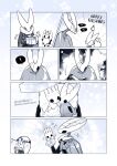 2025 2_horns 4_horns 6_panel_comic ambiguous_gender anthro arthropod bandage bandage_on_eye bandage_on_face black_body black_eyes blush blush_lines bow_(feature) box christmas christmas_clothing christmas_headwear cloak clothing comic container costume digital_media_(artwork) emanata english_text exclamation_point female_(lore) gift gift_box grey_cloak grey_clothing group hand_puppet happy hat headgear headwear heart_symbol hi_res holding_gift holding_object holding_toy holidays hollow_knight_(character) hollow_knight_(franchise) horn hornet_(hollow_knight) insect laugh monz_tw motion_lines multi_horn nonbinary_(lore) pale_king_(hollow_knight) plushie pure_vessel_(hollow_knight) question_mark santa_costume santa_hat screentone shaded sibling_(lore) simple_background simple_shading sister_(lore) sparkles star stitch_(sewing) team_cherry text the_knight_(hollow_knight) toy vessel_(species) weaverling_(hollow_knight) white_body white_cloak white_clothing white_head