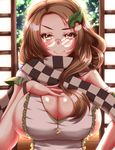  apron breasts brown_eyes brown_hair cleavage commentary_request futatsuiwa_mamizou futatsuiwa_mamizou_(human) glasses hand_on_breast highres large_breasts leaf leaf_on_head looking_at_viewer naked_apron pince-nez scarf sideboob smile solo touhou upper_body zan_(harukahime) 