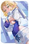  1girl blonde_hair blue_one-piece_swimsuit bottle braid breasts commentary_request covered_navel cropped_jacket crown_braid green_eyes hair_ornament hairclip highres holding holding_bottle jacket large_breasts long_sleeves looking_at_viewer one-piece_swimsuit open_mouth paid_reward_available pointy_ears princess_zelda short_hair short_shorts shorts shuri_(84k) sideboob solo speech_bubble swimsuit swimsuit_under_clothes the_legend_of_zelda the_legend_of_zelda:_tears_of_the_kingdom translation_request white_jacket white_shorts 