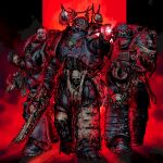  3boys absurdres adeptus_astartes anuttsuii armor blood bolter chain chainsword chaos_(warhammer) chaos_space_marine commentary_request flayed_skin helmet highres holding holding_detached_head holding_weapon male_focus multiple_boys night_lords pauldrons plasma_pistol power_armor severed_head shoulder_armor thai_commentary warhammer_40k weapon winged_helmet winged_skull 