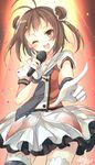  ;d antenna_hair brown_eyes brown_hair commentary_request confetti double_bun gloves hair_ornament kantai_collection looking_at_viewer naka_(kantai_collection) one_eye_closed open_mouth pointing pointing_at_viewer school_uniform serafuku signature sketch smile solo thighhighs toosaka_asagi two_side_up white_gloves zettai_ryouiki 