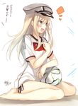  2014_fifa_world_cup alternate_costume artist_name ball bare_legs barefoot bismarck_(kantai_collection) blonde_hair blue_eyes blush brazuca commentary_request germany hat kantai_collection long_hair open_mouth panties side-tie_panties sitting soccer soccer_ball soccer_uniform solo sportswear tears toosaka_asagi translated underwear world_cup 