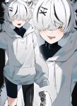  1boy :d animal_ear_fluff asymmetrical_pants black_choker black_pants black_shirt black_streaks blush choker commentary drawstring fang fangs hair_ornament hair_over_eyes hair_over_one_eye half-closed_eyes high_collar highres hood hood_down hoodie long_sleeves looking_at_viewer m1_tsuru male_focus multicolored_hair multiple_views original pants piercing shirt short_hair sleeves_past_fingers sleeves_past_wrists slit_pupils smile solo standing streaked_hair tail tiger_boy tiger_tail tongue tongue_out tongue_piercing white_hair white_hoodie x_hair_ornament yoga_pants 