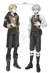  2boys arched_bangs ashe_ubert black_boots black_shorts black_socks black_thighhighs boots brown_eyes commentary_request cosplay costume_switch crossbody_bag fire_emblem fire_emblem:_three_houses full_body garreg_mach_monastery_uniform glasses green_eyes green_hair grey_hair hair_between_eyes height height_connection height_mark highres hood hood_down hooded_jacket ignatz_victor jacket kneehighs long_sleeves looking_at_another multiple_boys nine_dnjnms open_mouth round_eyewear sheath sheathed shirt short_hair shorts simple_background smile socks standing teeth thighhighs upper_teeth_only vest watermark white_background white_shirt 