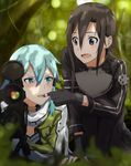  1girl androgynous anger_vein angry aqua_eyes aqua_hair black_hair blush breastplate finger_in_mouth fingerless_gloves gloves gun hair_ornament hairclip highres kirito kirito_(sao-ggo) leaf long_hair looking_at_another m-ya mouth_pull open_mouth pgm_hecate_ii purple_eyes rifle scope short_hair sinon sniper_rifle sword_art_online teeth tree veins weapon 