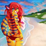  beach bikini cat clothed clothing feline female hair looking_at_viewer mammal nayel-ie red_hair seaside skimpy solo swimsuit whiskers 