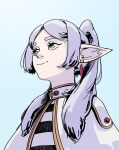  1girl capelet commentary dhashinn earrings english_commentary frieren from_below green_eyes grey_hair hair_intakes highres jewelry meme pointy_ears profile shirt smile solo sousou_no_frieren striped_clothes striped_shirt teardrop_earrings thick_eyebrows twintails upper_body upward_angle_frieren_drawing_(meme) white_capelet 