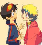  1boy 1girl black_hair blush goggles goggles_on_head kaya-ko multicolored_hair nervous nia_teppelin simon smile sweat symbol-shaped_pupils tengen_toppa_gurren_lagann two-tone_hair younger 