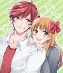  1girl :d bow brown_eyes brown_hair gekkan_shoujo_nozaki-kun hair_bow hair_ornament highres long_hair mihaya1113 mikoshiba_mikoto open_mouth polka_dot polka_dot_bow red_hair sakura_chiyo short_hair smile 