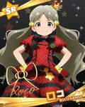  blush character_name character_signature cuff_links dress grey_hair handa_roko hands_on_hips idolmaster idolmaster_million_live! long_hair looking_at_viewer official_art ribbon smile solo twintails yellow_eyes 